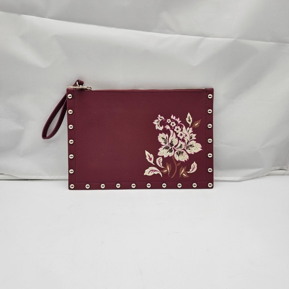 White House Black Market Maroon Clutch Zipper Studded Handbag Purse - Picture 9 of 9
